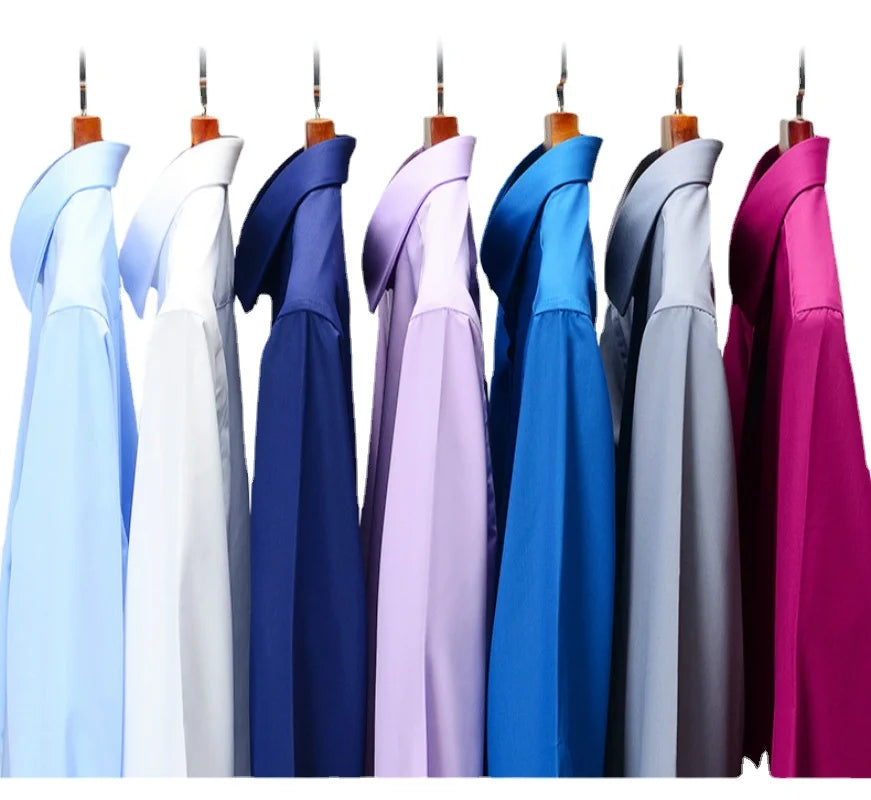 White bamboo fiber men's long sleeve dress shirt by Showlu Fashion, featuring stretch-free, soft, professional business style for men.