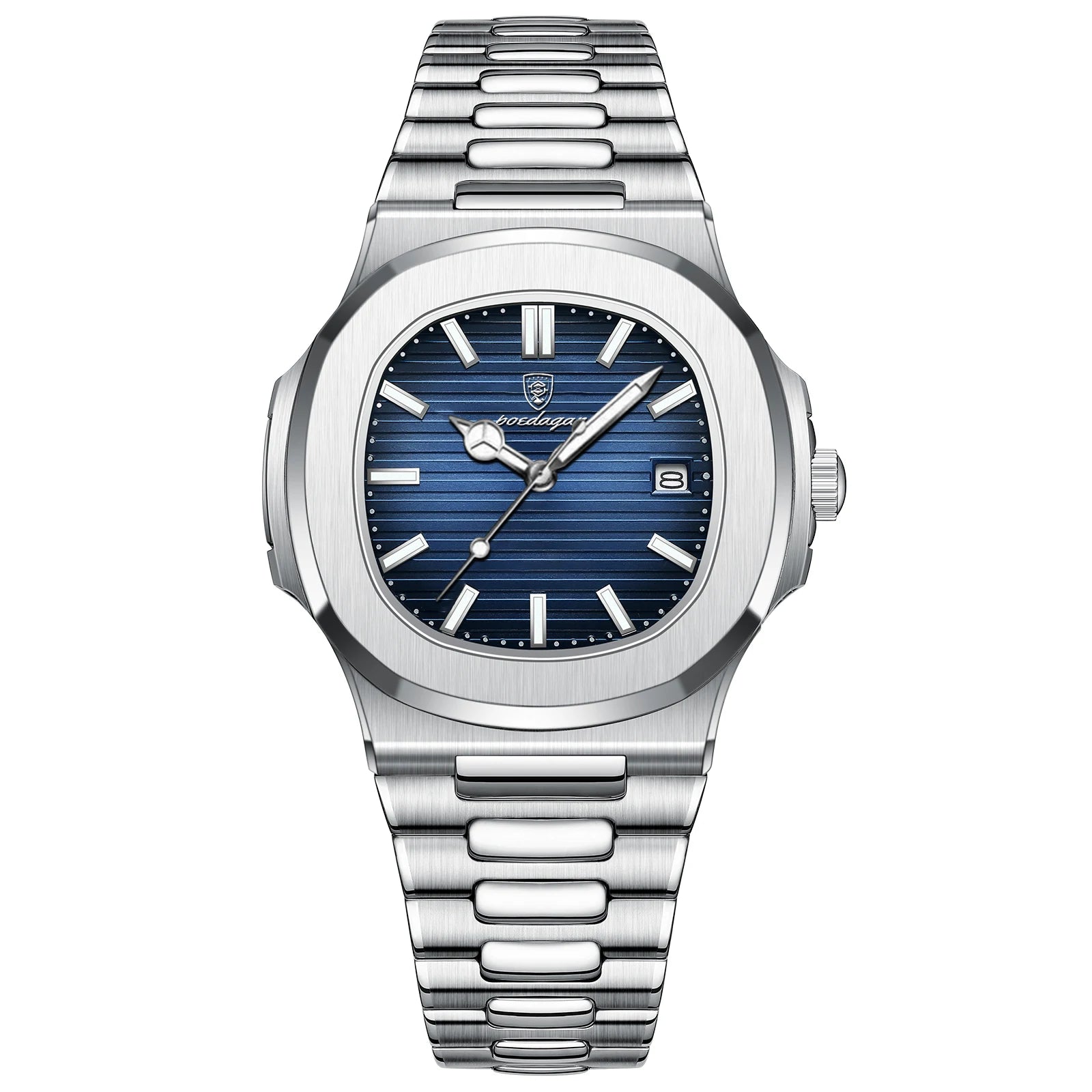 Square luxury men's wristwatch by Showlu Fashion with stainless steel band, luminous dial, waterproof design, quartz movement.