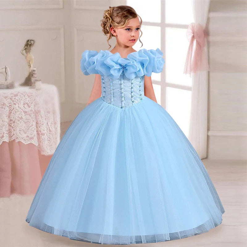 LJW Girls pearl sequin princess dress with off-shoulder design and ball gown style, featuring shimmering sequins and elegant details.