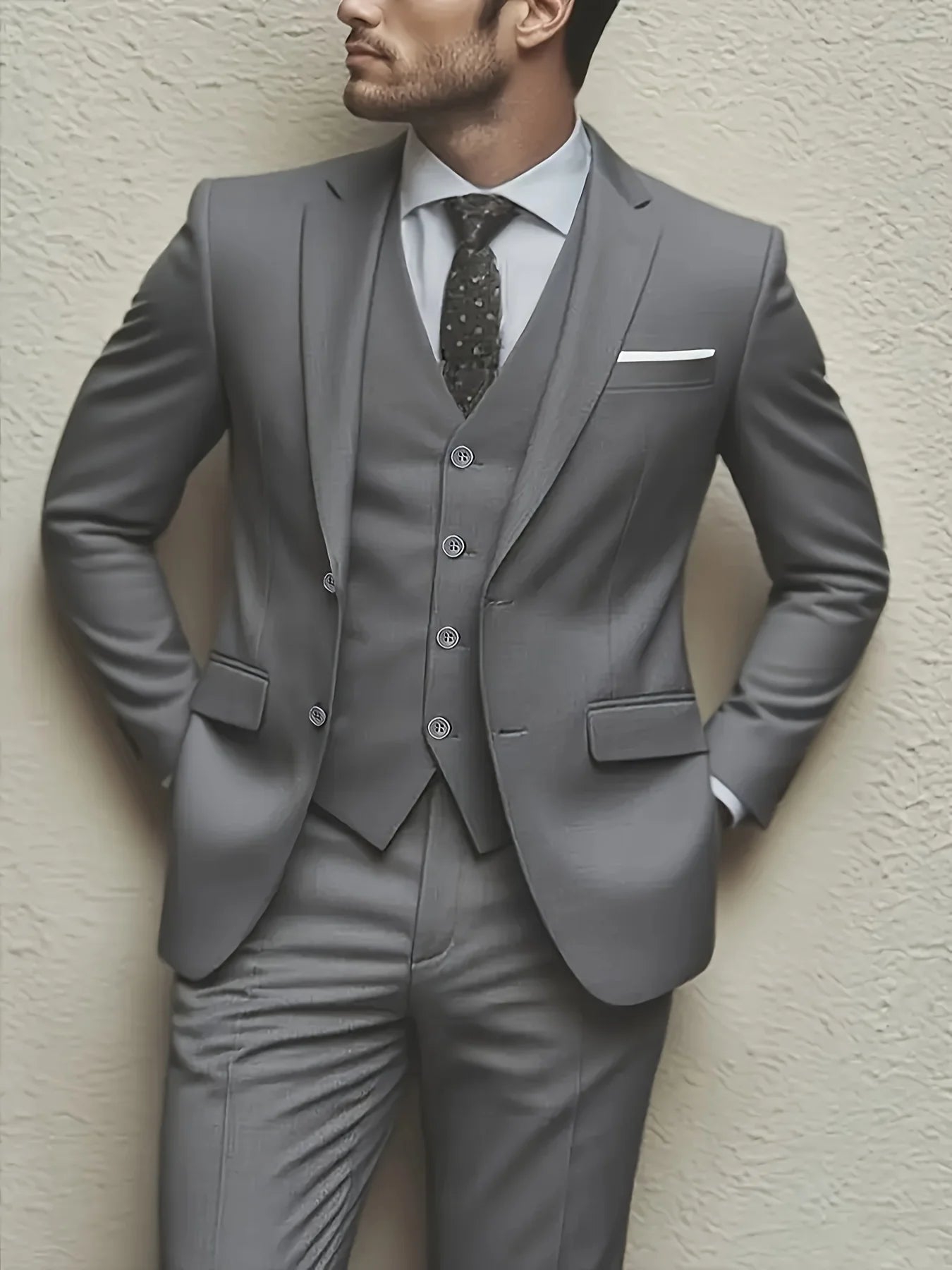 Men's 3-piece suit set including jacket, vest, and pants in a stylish high-quality design, suitable for weddings and formal events.