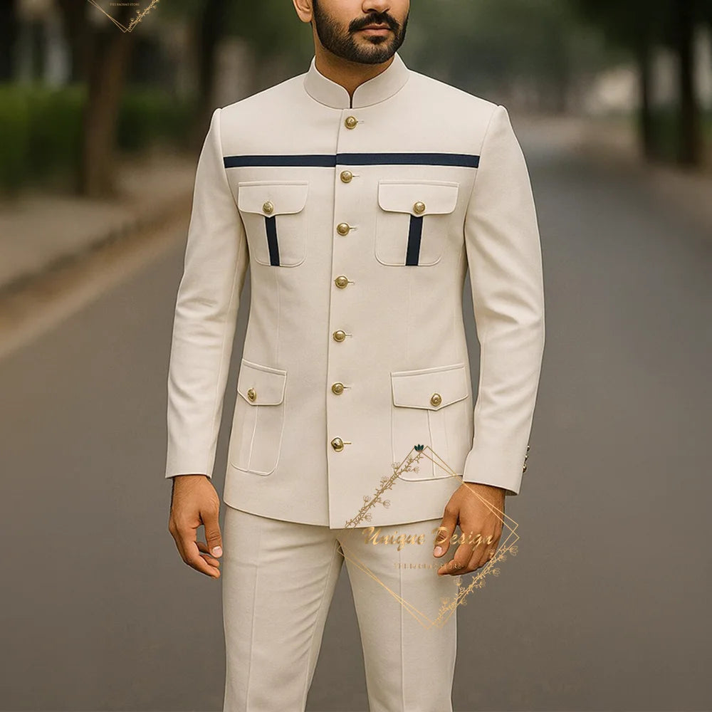 Ivory formal safari suit for men, custom-made Indian wedding groom 2-piece set with slim fit jacket and pants, party dress by Showlu Fashion