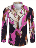 Showlu men's casual long sleeve shirt with 3D striped flower print silk fabric, featuring vibrant floral and stripe patterns.