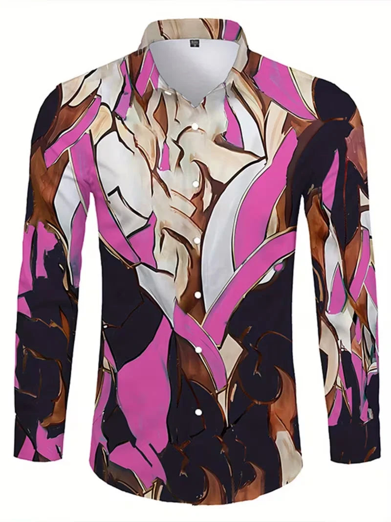 Showlu men's casual long sleeve shirt with 3D striped flower print silk fabric, featuring vibrant floral and stripe patterns.