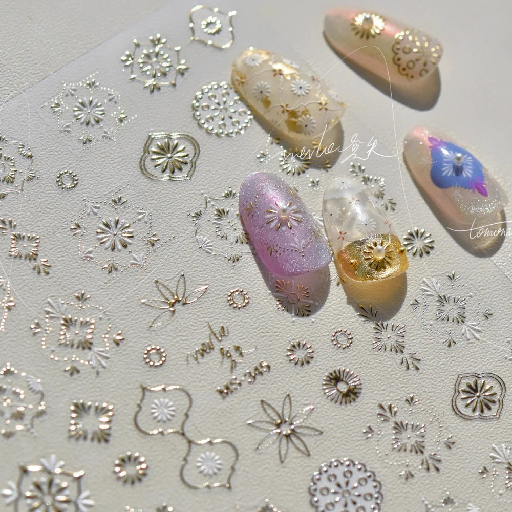 Elegant gold scepter 5D nail art stickers with gemstone design, self-adhesive manicure decals for luxurious nail decoration.