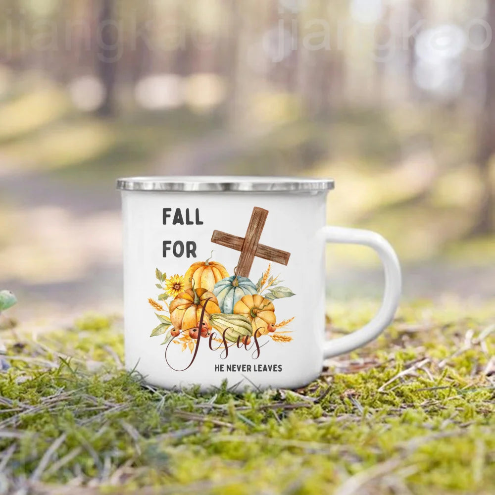 Showlu Pumpkin Spice Jesus Christ enamel mug featuring fall-themed design for camping and coffee enjoyment.