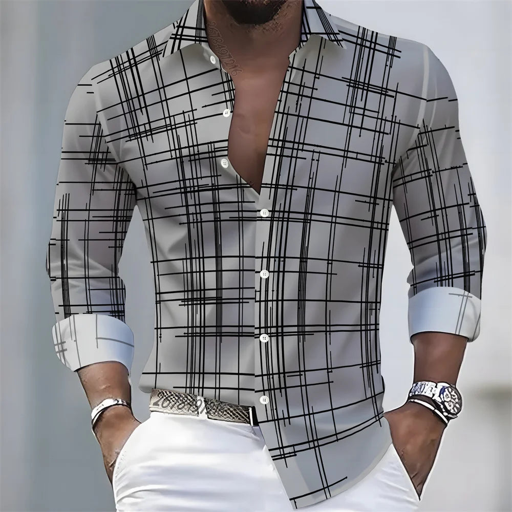 Men's long-sleeved striped shirt in spring/autumn style, casual European and American fashion, comfortable loose fit, Showlu Fashion.
