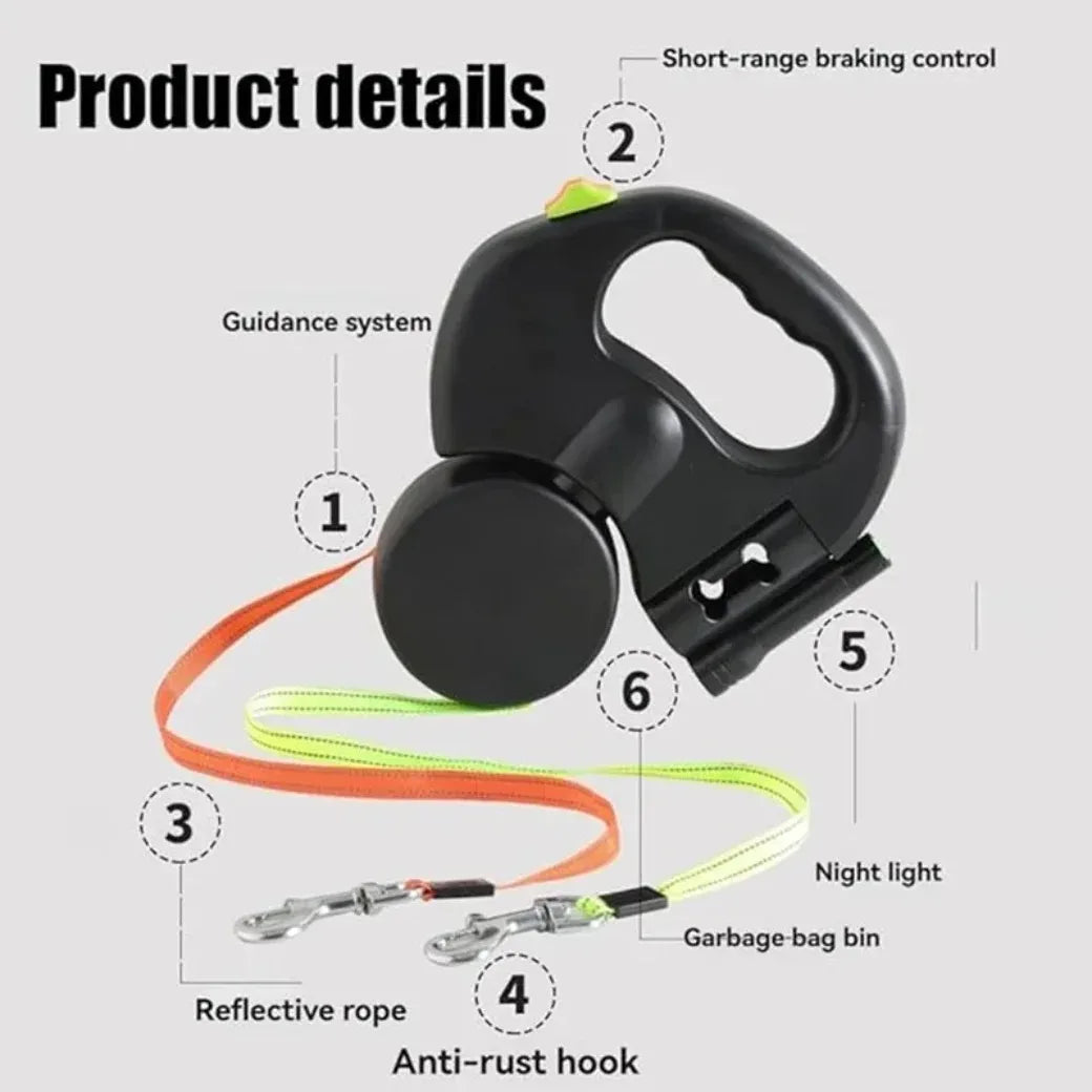 Showlu 3m retractable double dog leash with reflective tape, tangle-free design, suitable for walking two dogs at once.