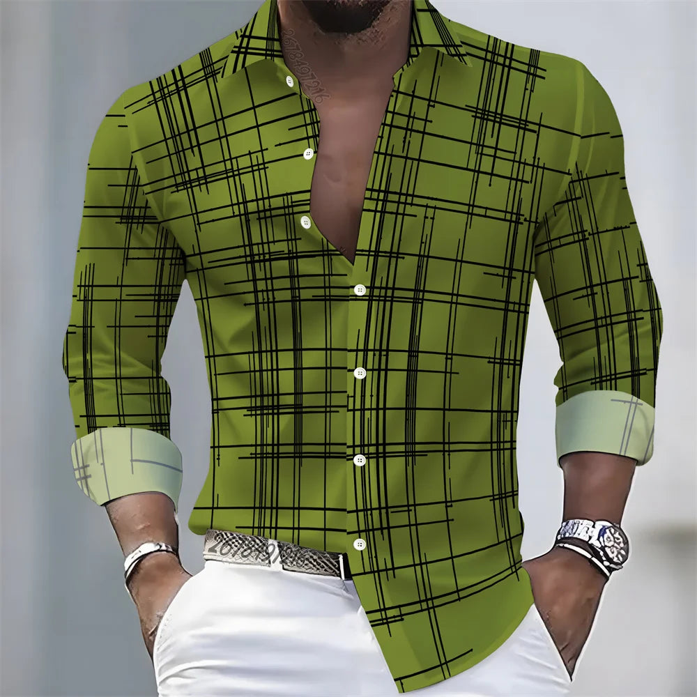 Men's long-sleeved striped shirt in spring/autumn colors, casual loose fit, European and American style by Showlu Fashion.