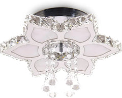 A modern flower-shaped LED ceiling light featuring crystal accents and a polished metal finish.