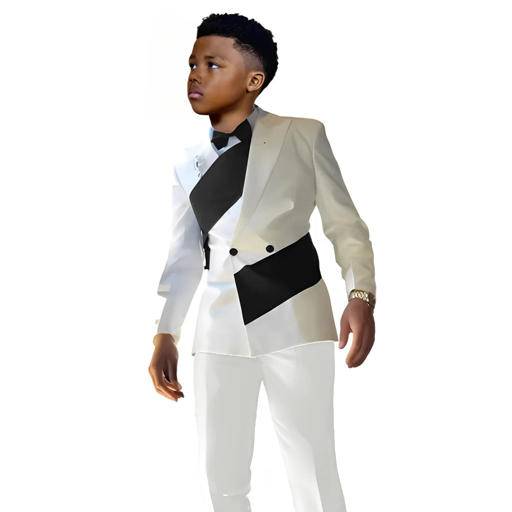White satin boys' suit 2-piece set with blazer and pants, tailored wedding tuxedo for kids aged 2-16 years, slim fit style.
