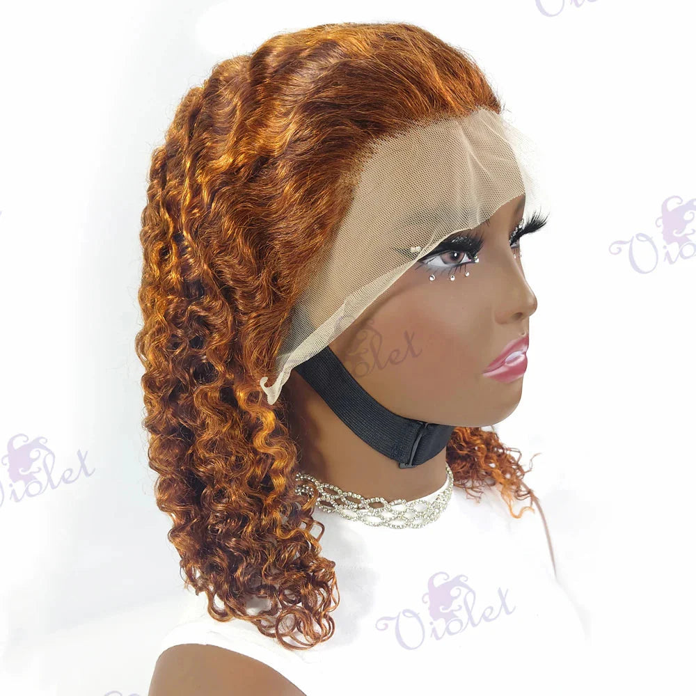 Deep wave lace frontal human hair bob wig in orange and ginger tones by SHOWLU FASHION STORE, showcasing textured waves and natural hairline.