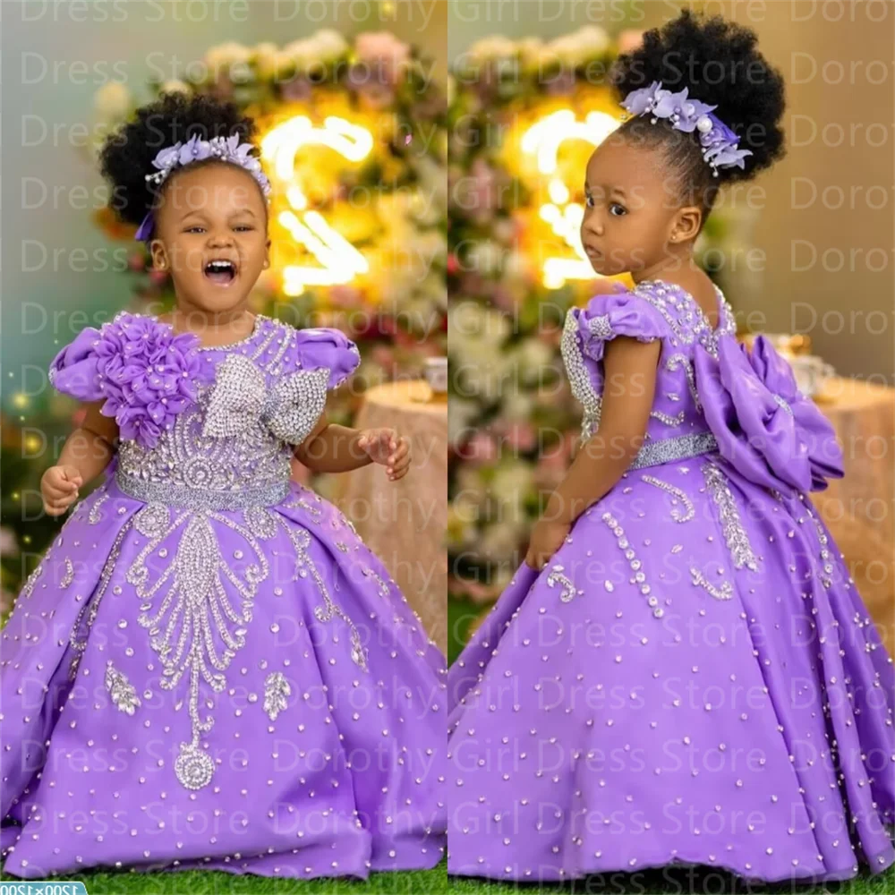 Luxury lavender beading flower girl dress for girls, custom wedding and baptism gown with floral details, by Showlu Fashion Store.