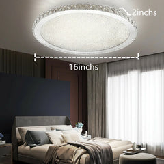 A 16-inch round modern crystal LED ceiling light with a silver frame and raindrop design.