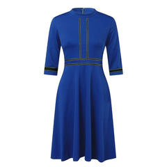 Holiday Dress 2024 Women Fashion Solid O-Neck Half Sleeve Dress Stripe Splice Zipper Mini Dress Elastic Waistband Dress платье