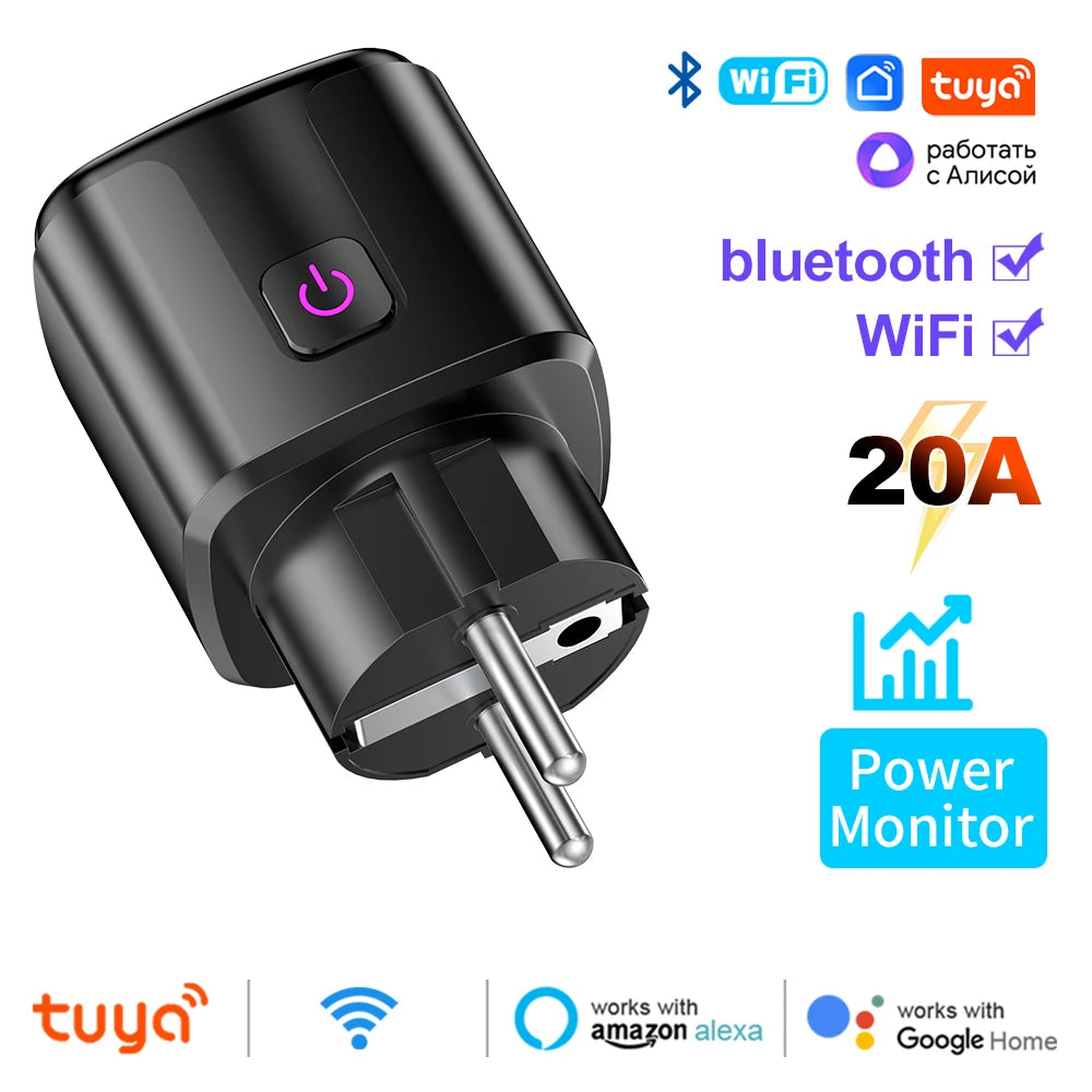 Showlu Smart WiFi smart plug with EU socket, power monitor, and voice control features, shown plugged into a wall outlet.