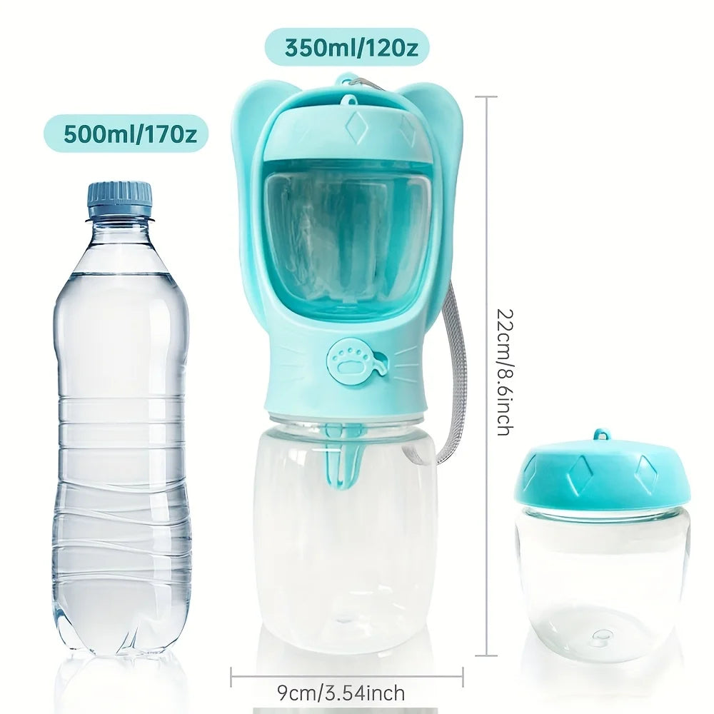 Showlu portable dog water bottle and food container for pet travel, compact design with water dispenser and food compartment.