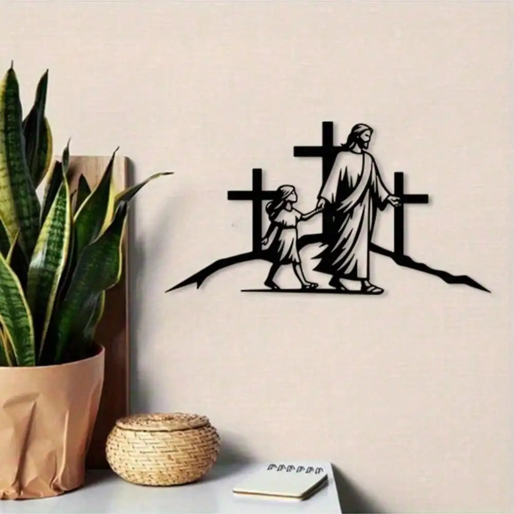 Rustproof metal Jesus on cross wall art for Christian home decor, featuring detailed religious symbol design.