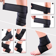 A black elastic compression bandage shown wrapped around a knee and an ankle for support.