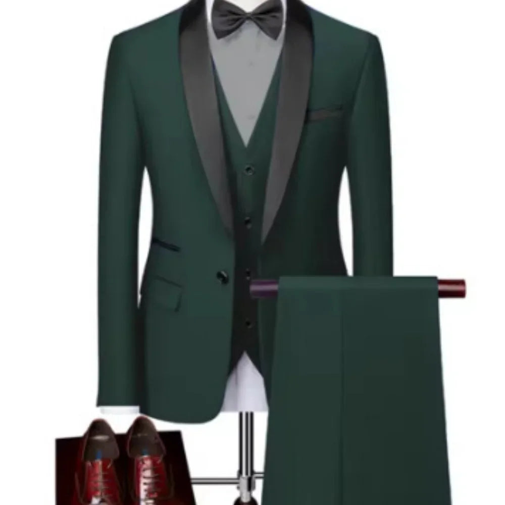 Men's Black White Slim Fit Three Piece Suit Set Large Size Autumn Wedding Party Blazer Coat Pants Vest Fashion Male Outfit