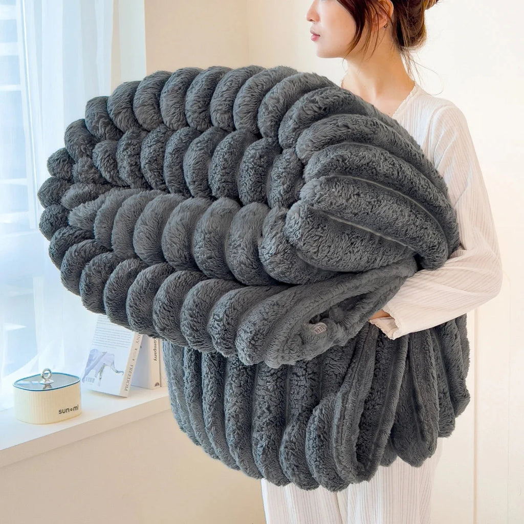 Showlu Fashion striped polyester blanket used as a thick bed sheet and nap cover, featuring a soft, cozy fabric with colorful stripes.