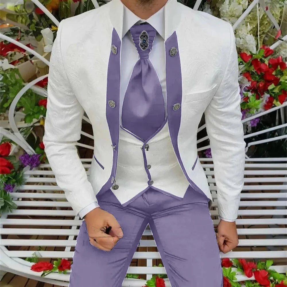 Royal blue Showlu men's 3-piece wool tuxedo suit with jacket, vest, and trousers, ideal for wedding grooms and formal events.