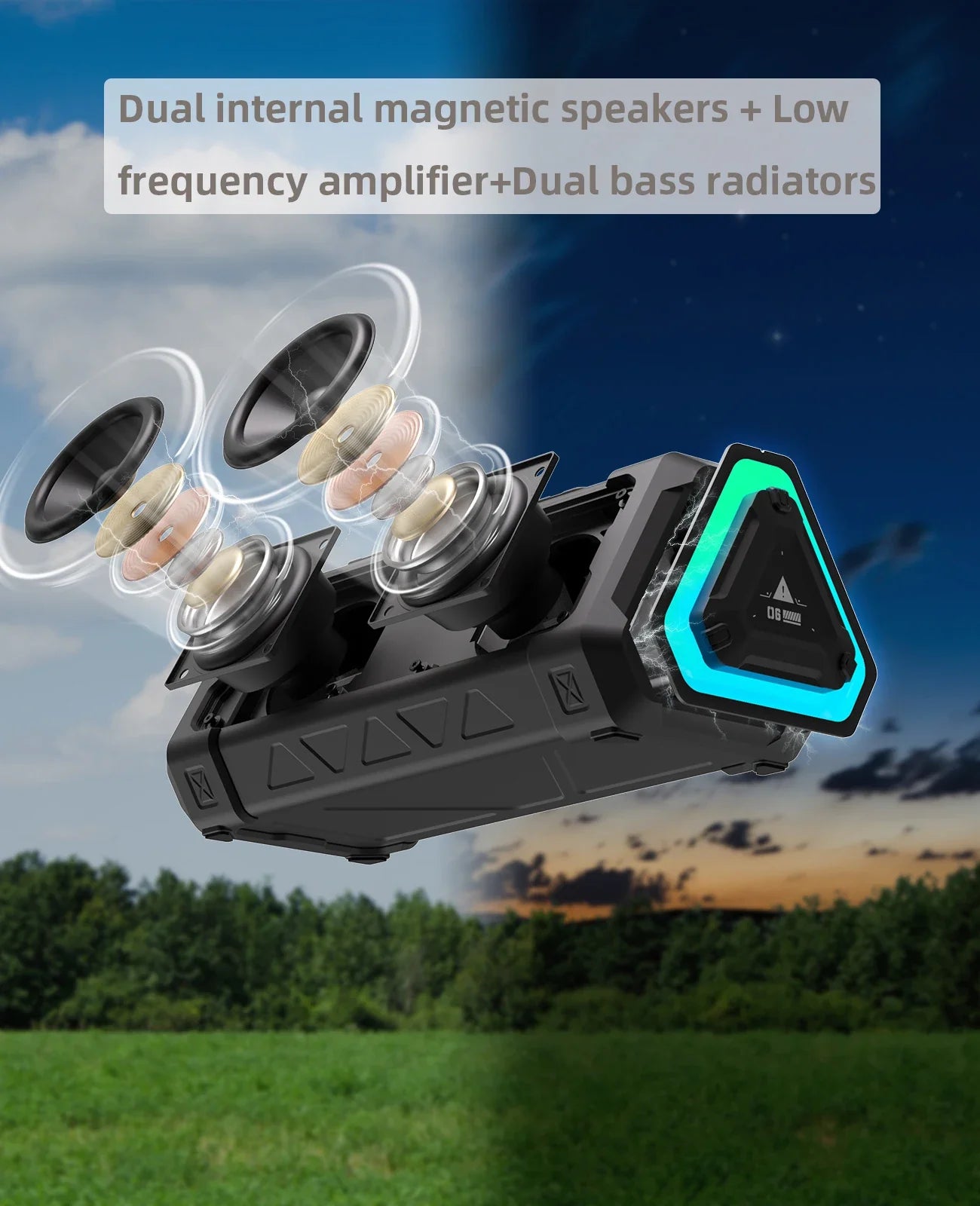 MLOVE P3 outdoor Bluetooth speaker with 40W stereo sound, IPX7 waterproof design, shown in black with rugged exterior.