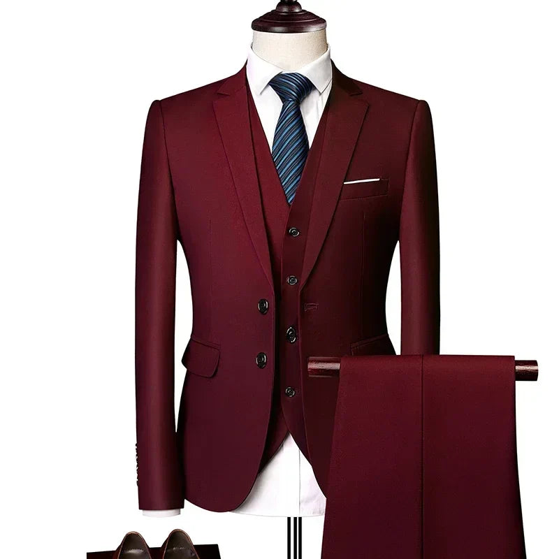 SHOWLU FASHION STORE men's 3-piece slim fit suit with solid design, perfect for business or wedding occasions.