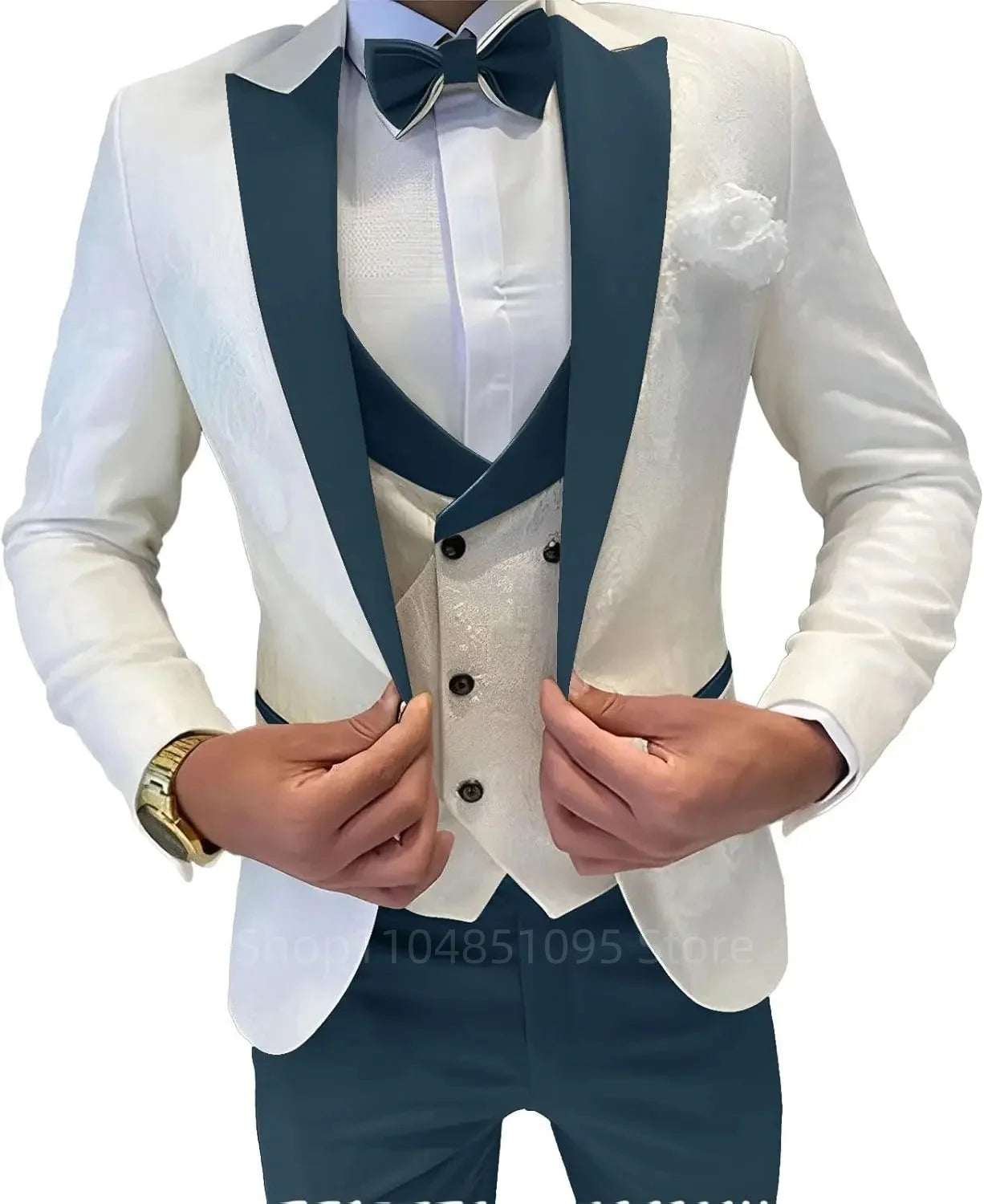 Elegant men's formal suit by Showlu Fashion, featuring a jacquard blazer, vest, and pants with peak lapel for weddings or business.