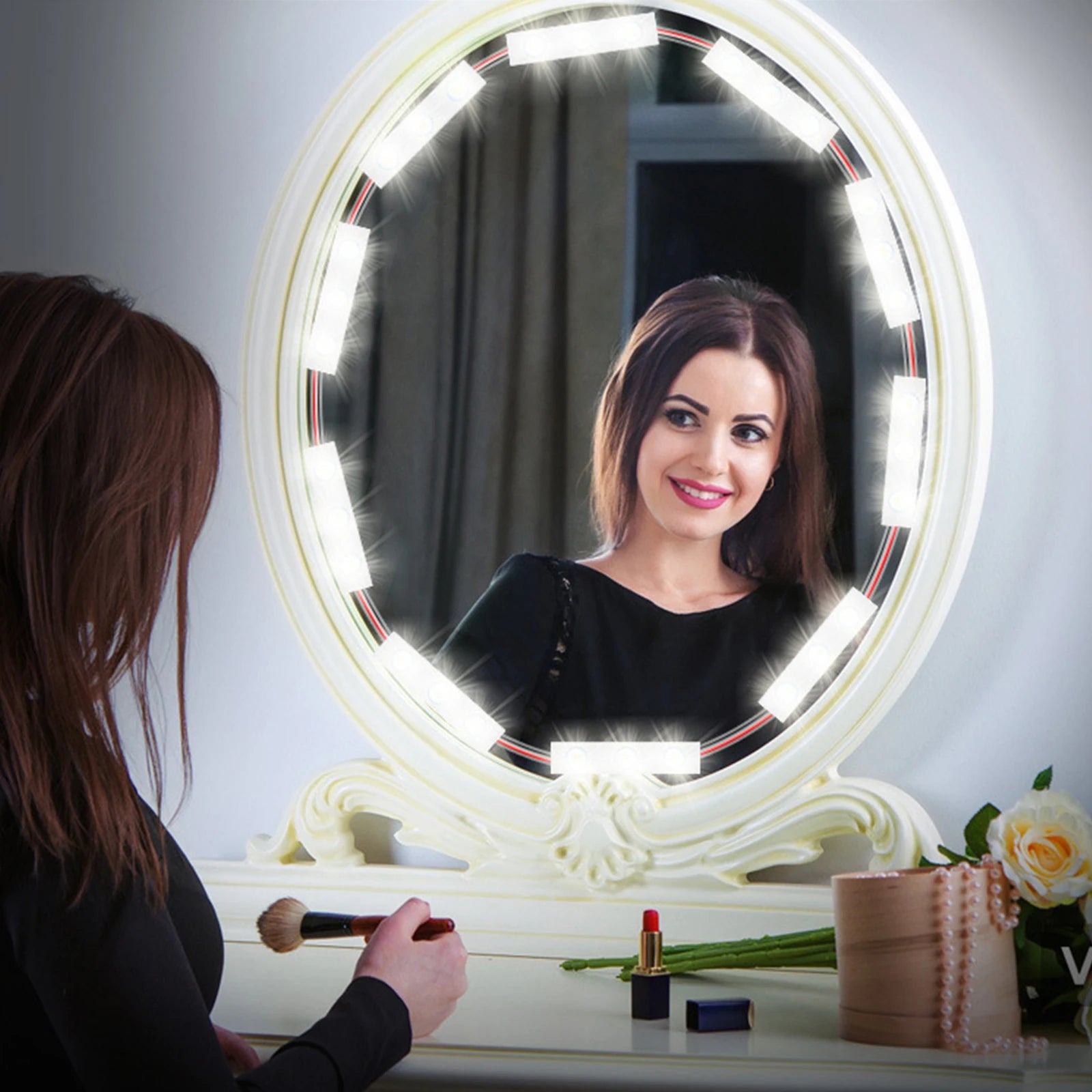 Showlu Smart LED mirror backlight strip installed around a bathroom mirror, providing ambient lighting and modern decor.