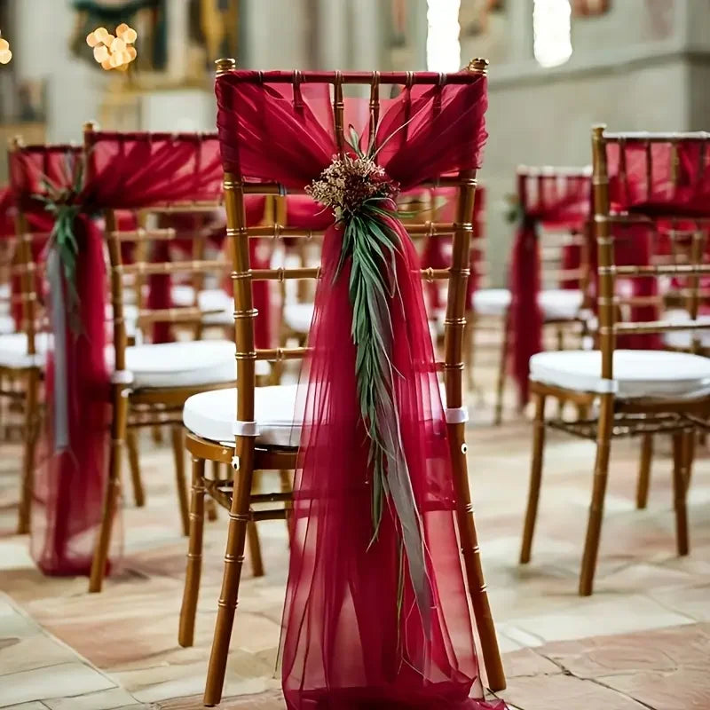 Set of 50 white 200x75cm gauze chair back veils and sashes with bows, ideal for wedding chair decor and party decorations.