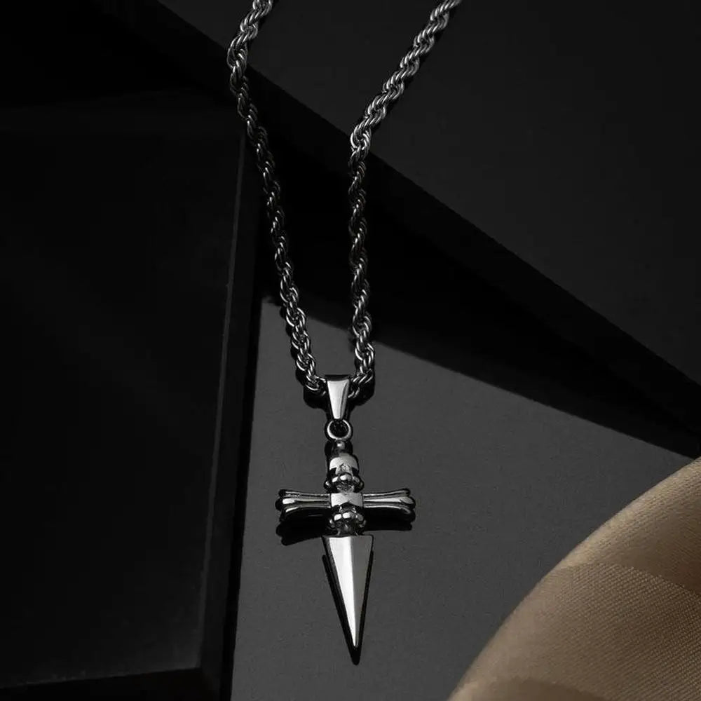 Stainless steel sword cross pendant on twisted link chain necklace for men and women, hip hop punk jewelry accessory.