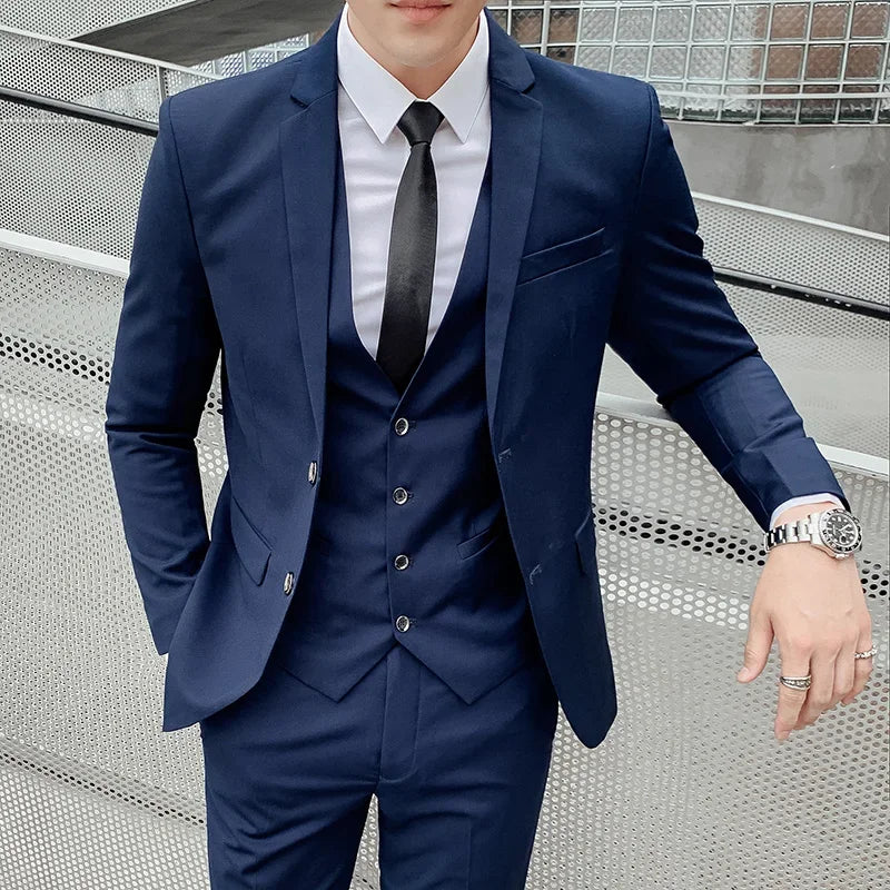 Men's 6XL suit with blazer, vest, and pants in solid color, casual yet professional, suitable for work, weddings, and outdoor events.