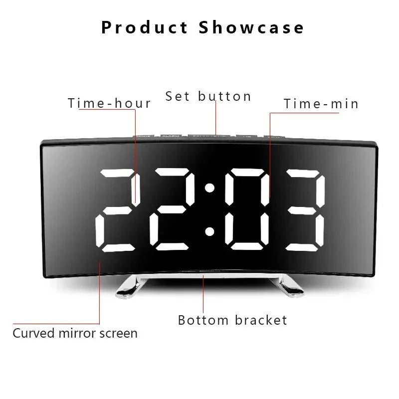 Showlu Smart LED digital alarm clock with USB display, featuring a sleek mirror design and easy-to-read digital time display.