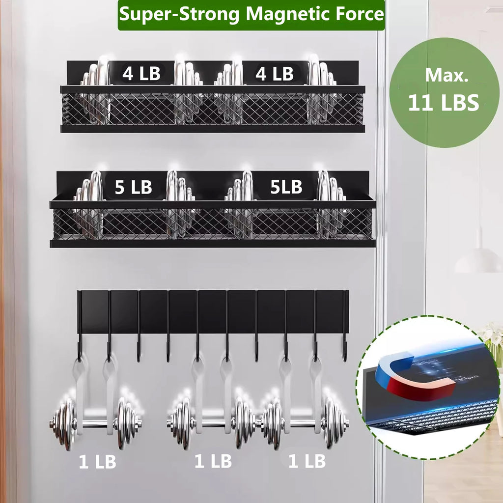 Magnetic fridge organizer shelf by Showlu Smart General holding jars and bottles on a kitchen fridge door.