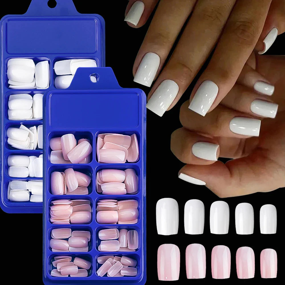 Set of 100 pink and white press-on nails with medium trapezoid acrylic tips from MAFANAILS, featuring natural, stylish nail designs.