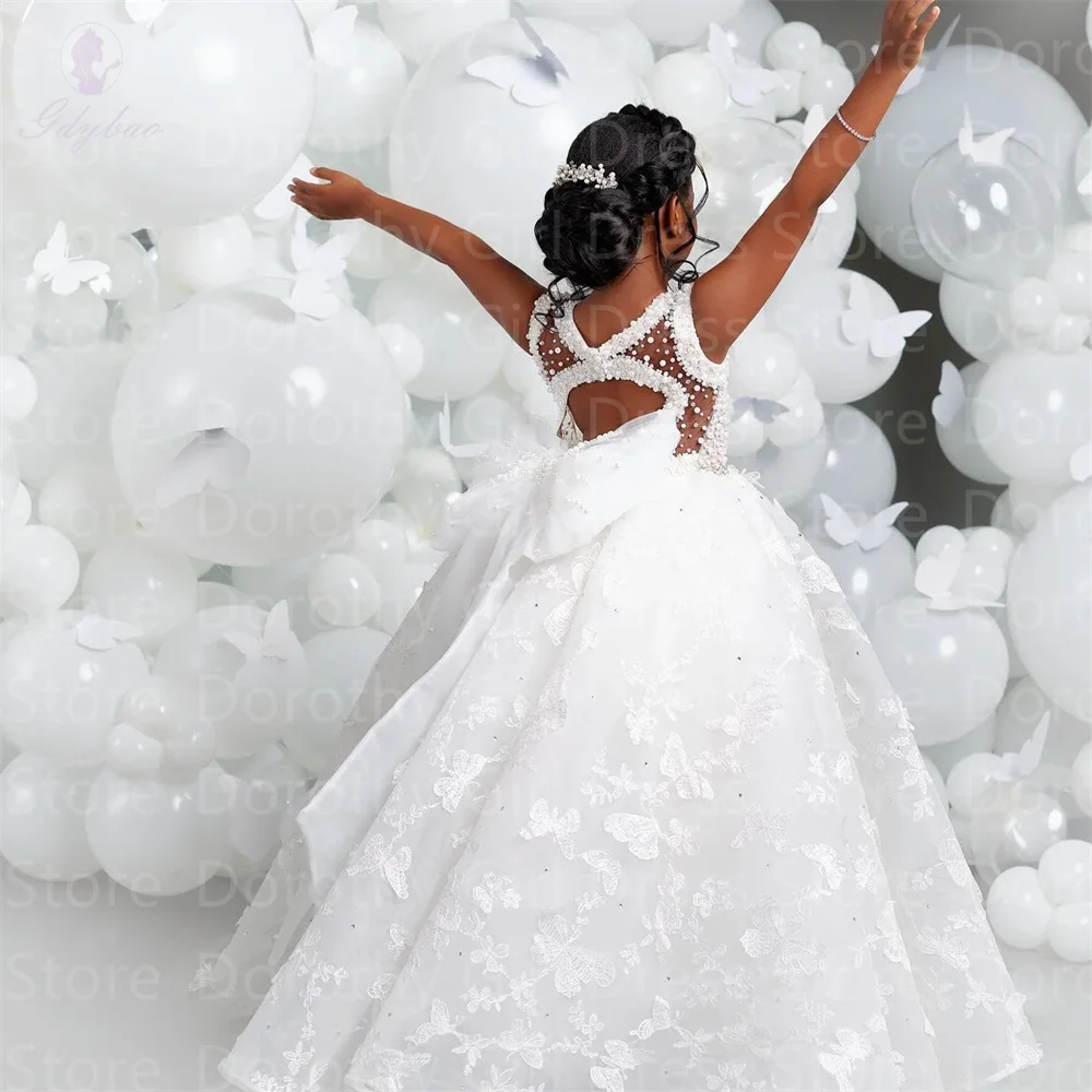 White V-neck Luxury Flower Girl Dresses For Wedding Butterfly Appliques Pearl Child Birthday Party First Holy Communion Gown