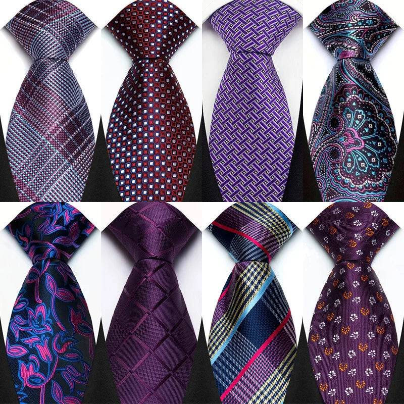 Purple men's necktie with floral plaid and stripe pattern, jacquard woven for business or wedding occasions.
