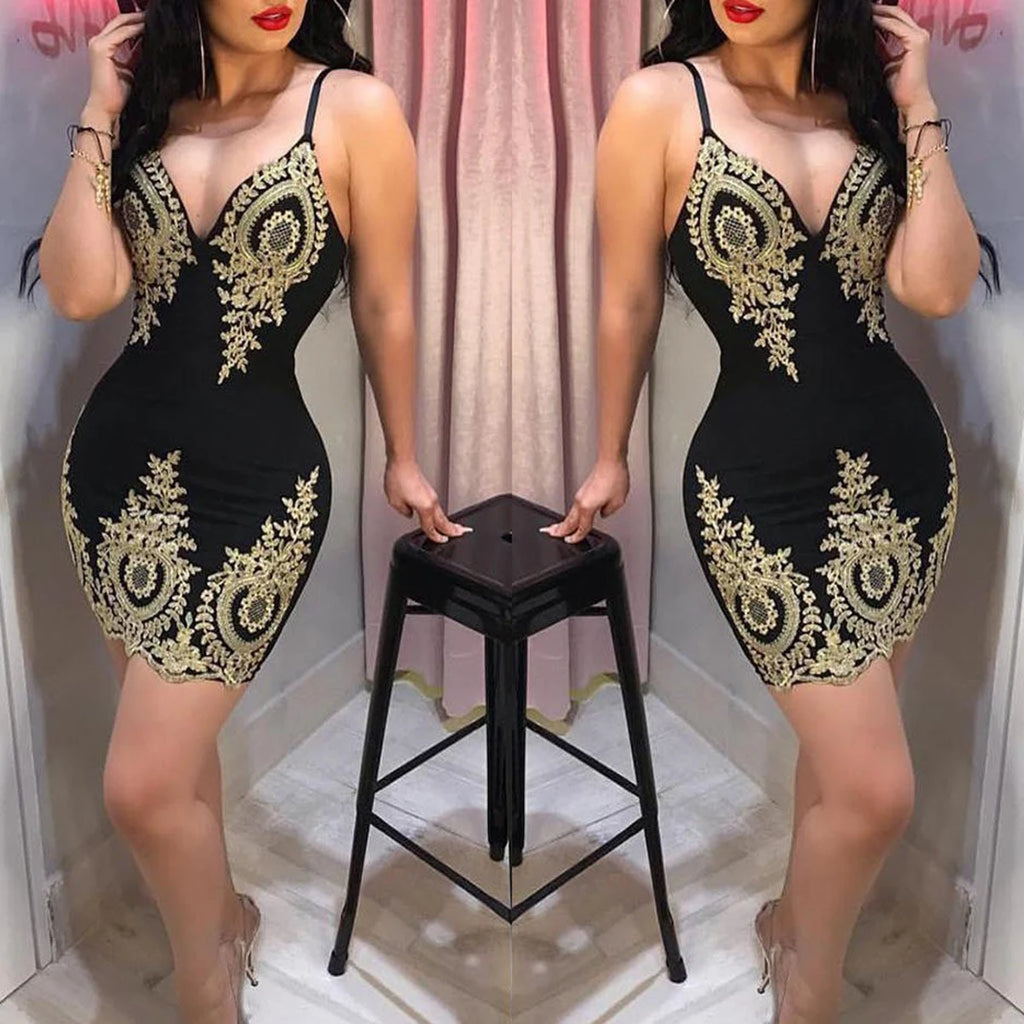 Showlu Fashion summer party halter dress featuring a sleeveless, slim-fit mini design with a low neckline and halter back.