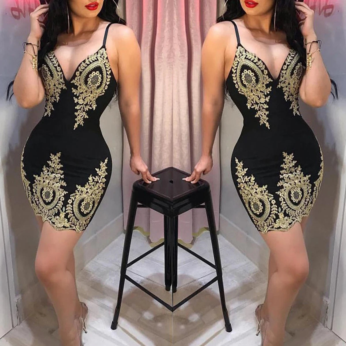 Showlu Fashion summer party halter dress featuring a sleeveless, slim-fit mini design with a low neckline and halter back.