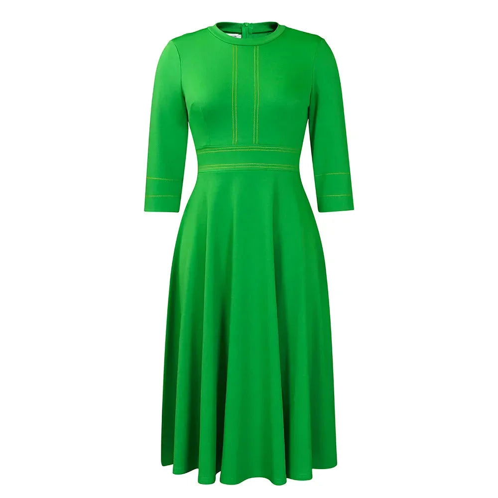 Naupang women's slim-fit A-line dress in solid color with three-quarter sleeves, stylish and elegant for women.