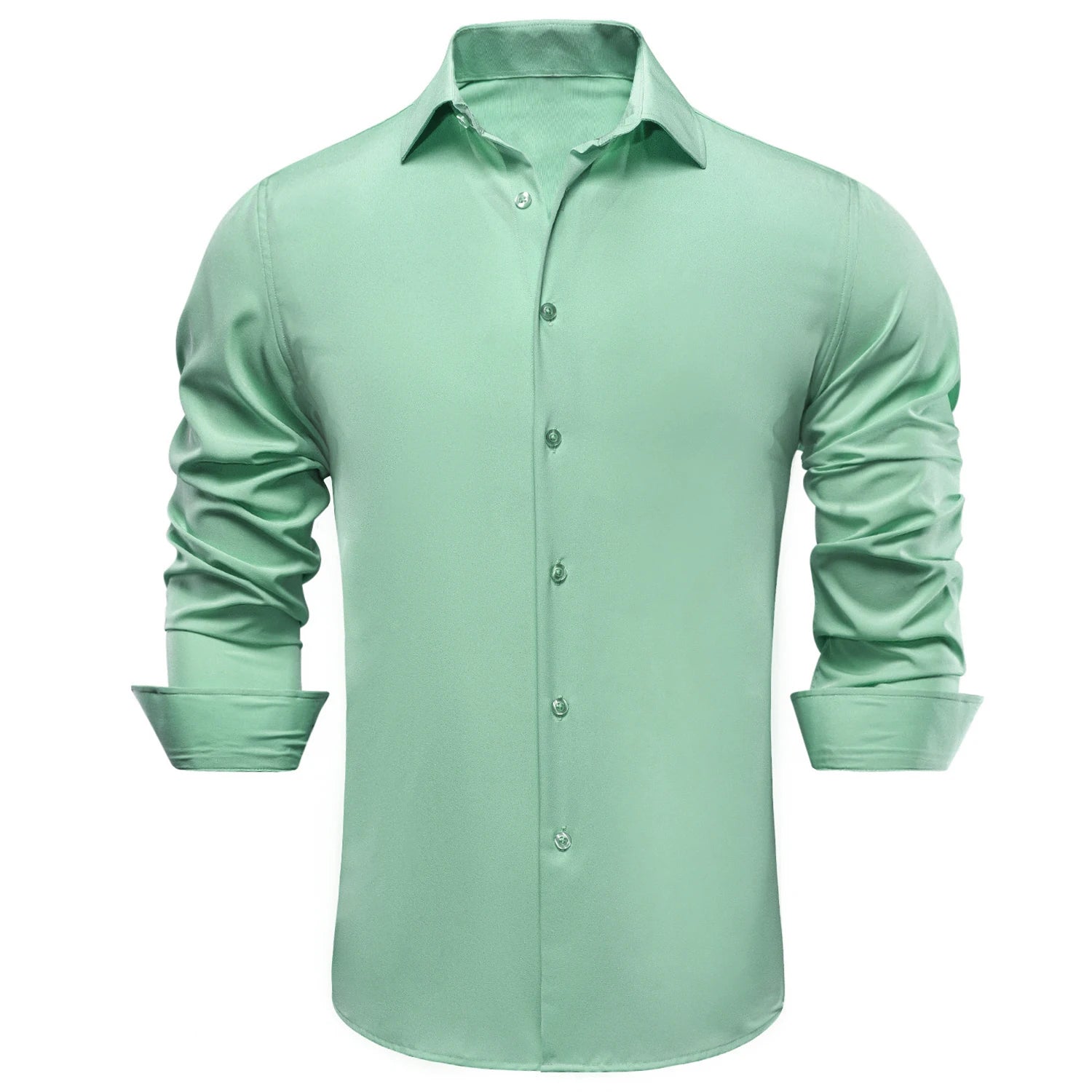 Showlu Fashion men's long sleeve silk dress shirt in blue with a lapel collar, suitable for business or wedding occasions.