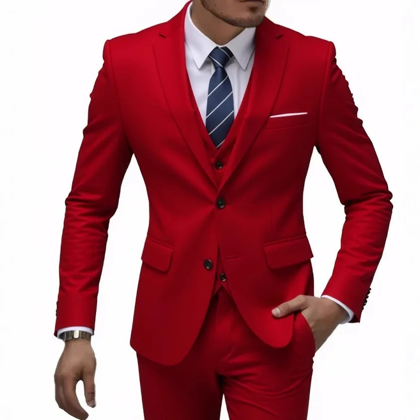 Men's casual 3-piece suit set with solid color blazers, trousers, and vest, featuring a two-button blazer and classic fit.