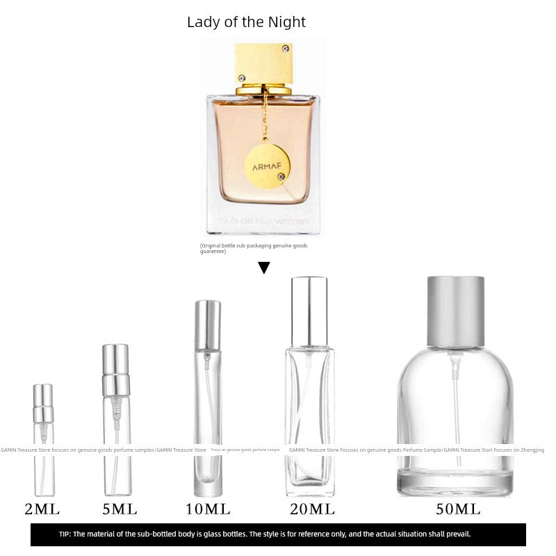 Fruity floral Armaf Club de Nuit Woman EDP perfume sample with elegant bottle and floral design, ideal for women.