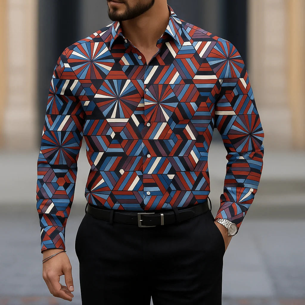 Showlu men's long sleeve shirt with geometric pattern, casual business style, featuring a lapel collar and modern design.