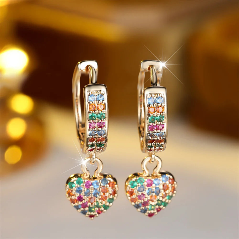 Gold plated rainbow zircon heart hoop earrings with sparkling crystal accents, designed by Showlu Fashion Store.