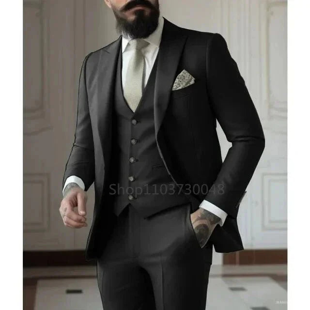 SHOWLU Men's 3-piece slim fit formal suit with cotton tuxedo set, including jacket, vest, and trousers, for elegant wedding attire.
