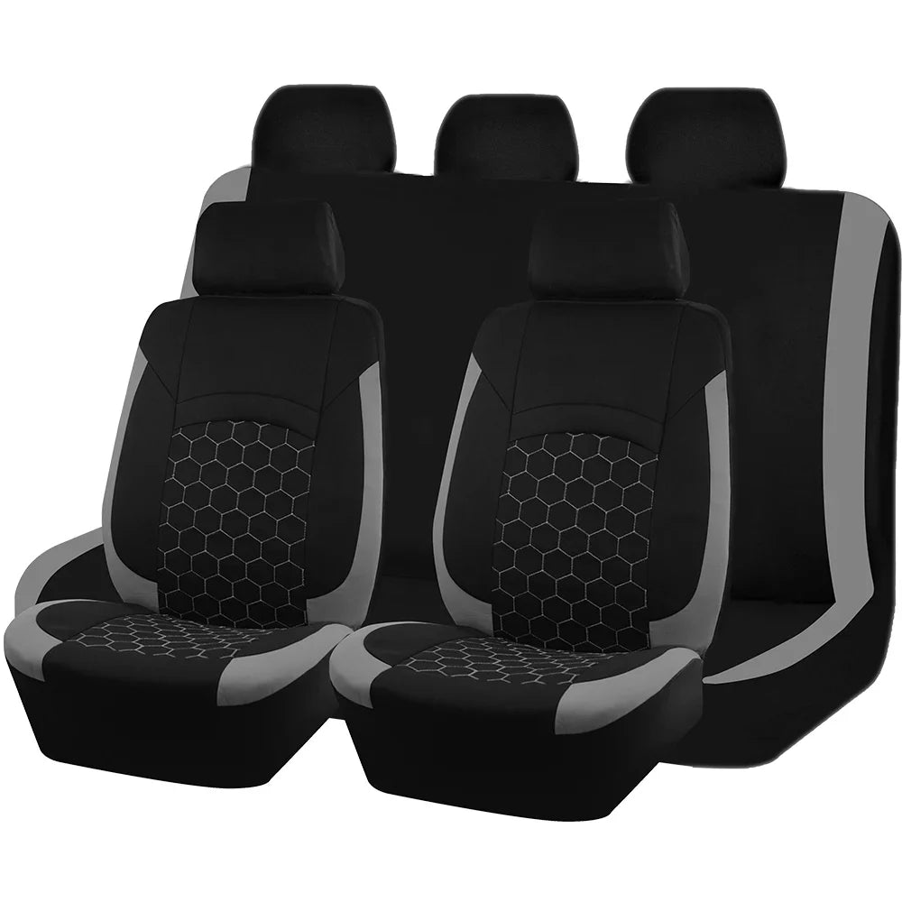 Universal football pattern car seat covers by AUTO PLUS, set of four, made of durable polyester for a stylish auto interior.