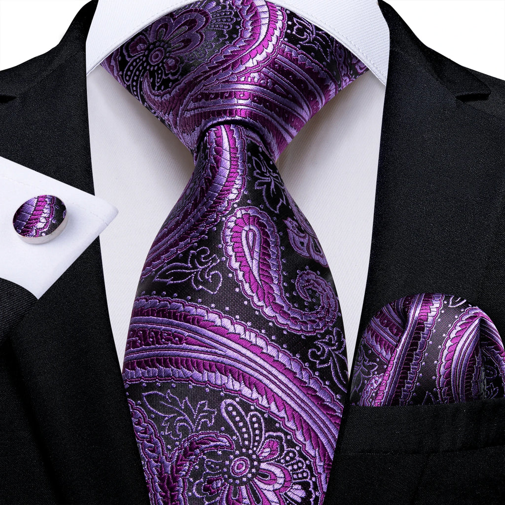 DiBanGu Ties For Men Purple Floral Paisley Necktie Business Formal 100% Silk Tie Pocket Square Set For Wedding Party Cravat