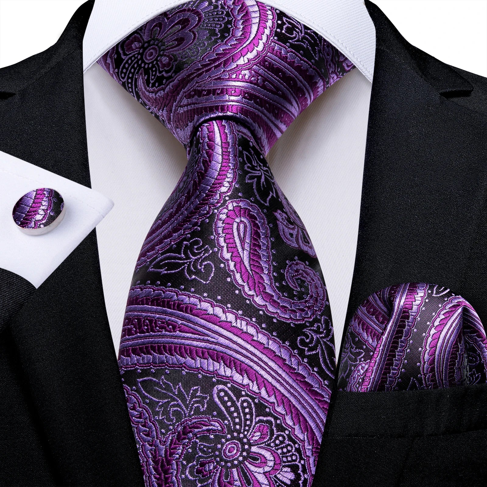 DiBanGu Ties For Men Purple Floral Paisley Necktie Business Formal 100% Silk Tie Pocket Square Set For Wedding Party Cravat
