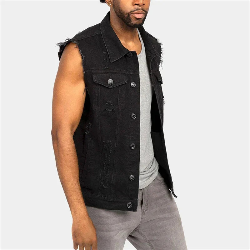 Men's denim vest in western cowboy style with raw cut edges, casual waistcoat by SHOWLU FASHION STORE, shown on model.